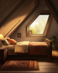 Cozy attic bedroom with natural light and serene decor.