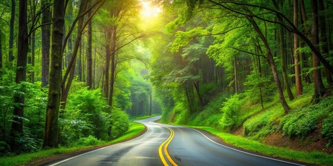 Fototapeta premium A scenic road winding through a lush green forest , forest, trees, nature, travel, journey, pathway, adventure