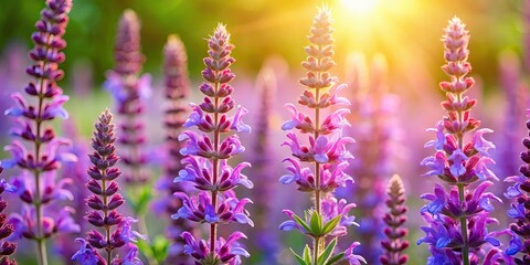 Obraz premium Close-up of vibrant sage flowers in bloom, sage, herb, leaves, close-up, nature, plant, botanical, purple, lavender, blooming