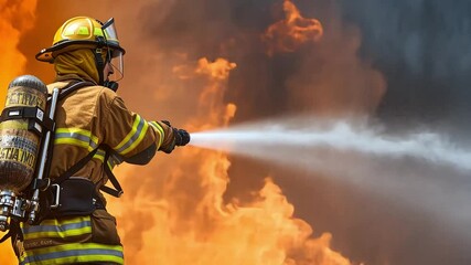 A brave firefighter sprays water to extinguish a large fire, wearing protective gear and battling thick smoke and flames at the fire site. The urgency is palpable as the firefighter works.