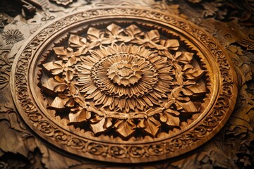 Intricate Wood Carving with Warm Lighting
