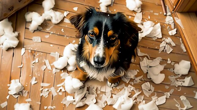 いたずらで部屋を散らかして怒られる犬