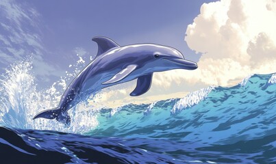 Fototapeta premium A dolphin gracefully leaps above ocean waves under a bright sky.
