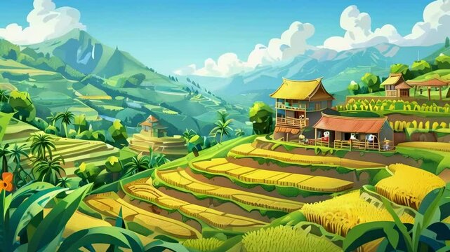 Cartoon Farm with Rice Terraces and Farmers
