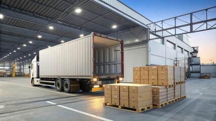 Cargo Trailer Truck Parked for Loading at Standard Warehouse Dock During Dusk. Generative AI