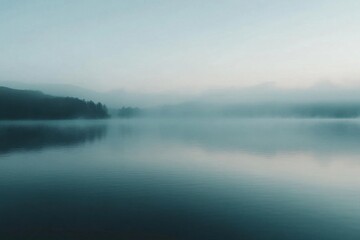 Obraz premium A serene lake shrouded in mist, reflecting calmness and tranquility.