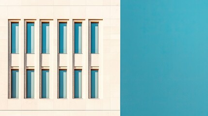A minimalist architectural facade featuring vertical windows against a contrasting turquoise wall.