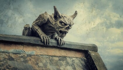 A menacing gargoyle perched on a rooftop under a cloudy sky.