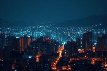 Fototapeta premium A night cityscape illuminated by urban lights and distant mountains.