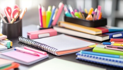 A colorful assortment of stationery supplies on a workspace.