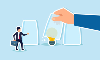 A businessman stands next to a row of glasses and watches a hand opening a glass containing a light, illustration of observing and analyzing innovations by competitor companies