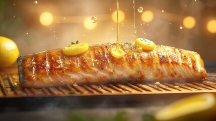 Grilled salmon fillet drizzled with lemon and herbs, evoking a delicious culinary experience.