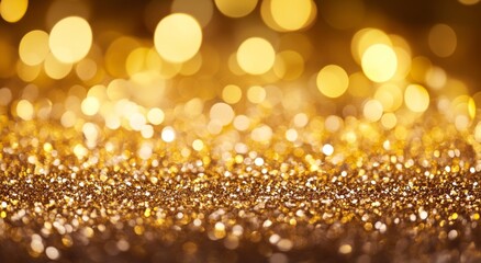 Bright golden bokeh lights create a sparkling background with a soft blur effect, ideal for festive celebrations and creative projects