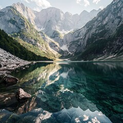 Crystal-clear lake reflecting majestic mountains