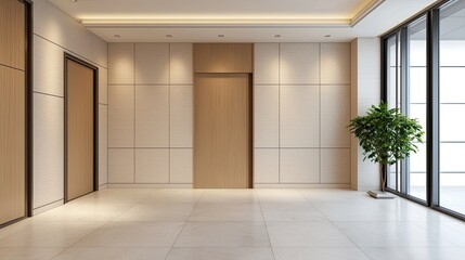 Obraz premium A modern hallway featuring wooden doors, large windows, and a potted plant, creating a bright and inviting atmosphere.