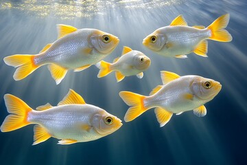 Fototapeta premium Golden Fish Swim Underwater Sunlight Beams