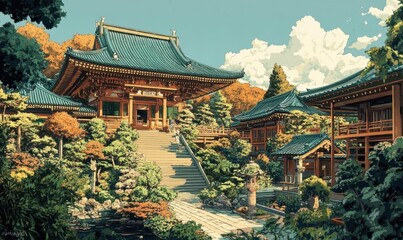 Obraz premium Serene traditional architecture surrounded by lush gardens and trees.