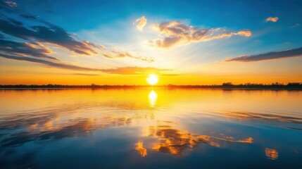 Fototapeta premium A serene sunset over a calm lake with vibrant colors reflecting.