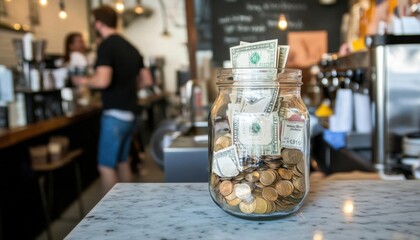 A tip jar filled with coins and bills in a coffee shop setting.