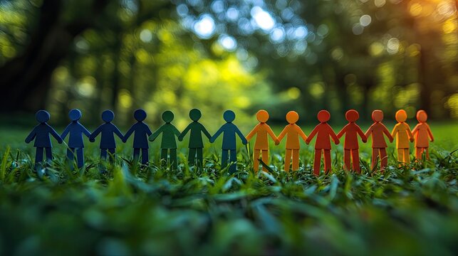Colorful paper people holding hands in the grass, representing unity and community