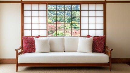 Fototapeta premium A serene room featuring a white sofa with red cushions, complemented by a large window showcasing lush greenery outside.