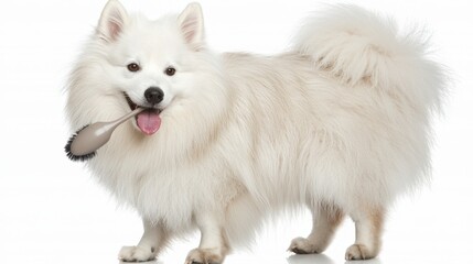 Fototapeta premium Playful samoyed dog holding brush in studio pet photography white background joyful mood