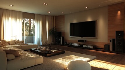Here's a  and keyword list for your image... Luxurious modern home theater with large screen, sectional sofa, and wooden wall accents.