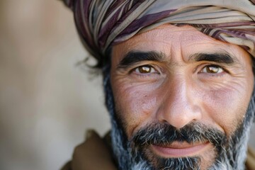 Fototapeta premium A close-up portrait of a smiling man with a turban and beard.