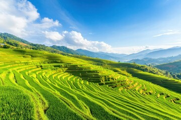 Lush terraced rice fields under a bright blue sky and mountains.