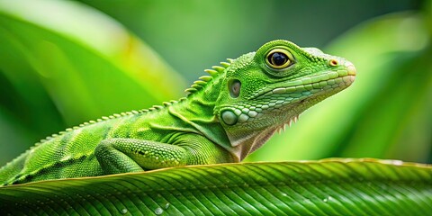 Fototapeta premium Green lizard resting on a large leaf , reptile, wildlife, nature, tropical, green, camouflage, scales, outdoor, wildlife