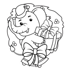 Christmas coloring page with elephant for kids