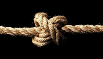 A close-up of a tightly tied knot made from natural rope.