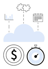 Cloud icon connects to bar chart dollar symbol puzzle pieces, calendar, stopwatch. Ideal for productivity, cloud computing, cost management, project planning, efficiency, data analytics