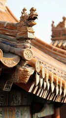 Fototapeta premium Ornate details of a traditional Asian temple roof showcasing craftsmanship.