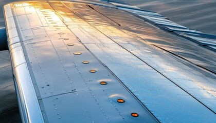 Obraz premium Close-up of an airplane wing reflecting sunlight during flight.