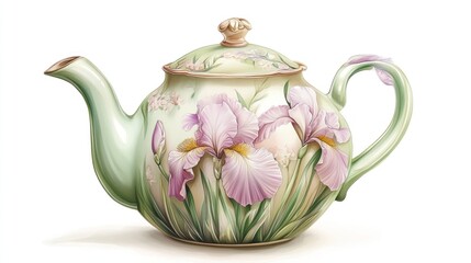 Elegant teapot with iris flower design.