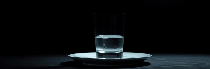 Glass filled with water on a plate in darkness , empty surroundings, darkness