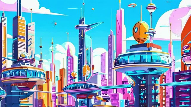 Cartoon Futuristic City with High-Tech Buildings