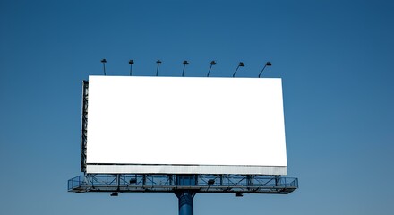 Obraz premium 澄んだ青空を背景にした看板のローアングルビュー。広告。OOH｜Low angle view of a billboard against a clear blue sky. Advertising. OOH. 