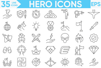 Hero Line Icons Set.Vector set of mission, vision and values line icons.Hero icon isolated on white background. Hero icon Vector And Illustrator Set