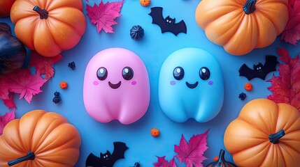 Cute pink and blue cartoon ghosts surrounded by neon pumpkins and bats, perfect for Halloween