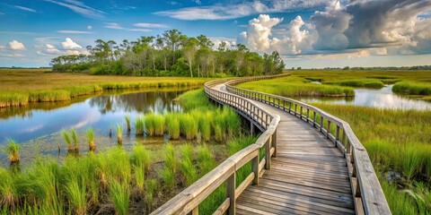 Boardwalk winding through lush marshland in Sabine National Wildlife Refuge, Louisiana, boardwalk