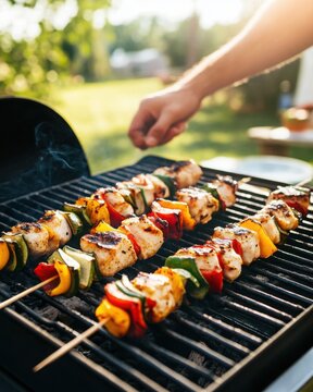Delicious Grilled Kebabs with Colorful Vegetables and Tender Chicken on a Barbecue Grill in a Beautiful Outdoor Setting During Sunset