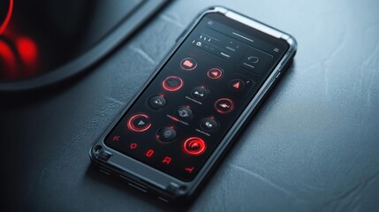 A sleek smartphone displaying a dark-themed control interface.