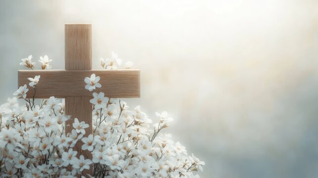 Christian Wooden Cross with Flowers for Funeral Invitation Template