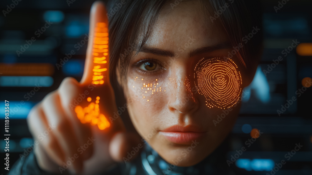 Canvas Prints a woman with a glowing eye is pointing at something. the image has a futuristic and technological fe