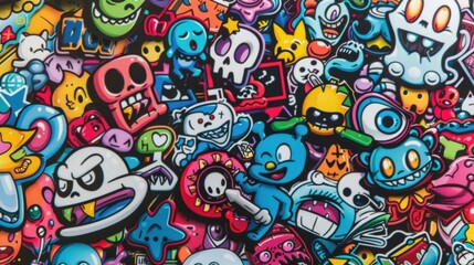 Obraz premium A vibrant collage of playful cartoon characters and graffiti art.
