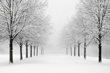 Fototapeta premium A serene winter scene with snow-covered trees lining a path.