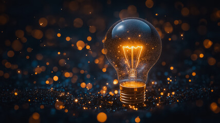 A light bulb is lit up in a dark room with a lot of sparkles. The light bulb is the main focus of the image, and the sparkles around it create a sense of movement and energy