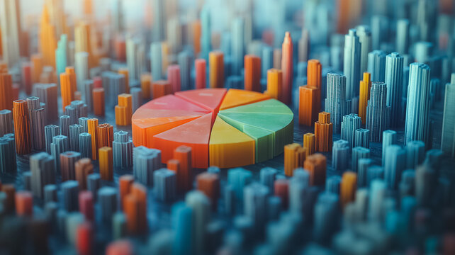 A colorful pie chart is placed on top of a city skyline. The pie chart is divided into six slices, each with a different color. The city skyline is filled with tall buildings